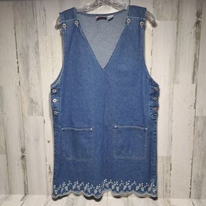 VTG JL NY Denim Chore Dress Jean Jumper Sz L Scalloped Hem Cottage Core Farm